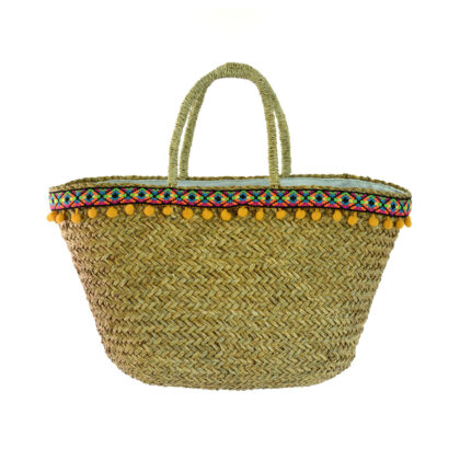 Straw Basket Beach Tote with Yellow Trim